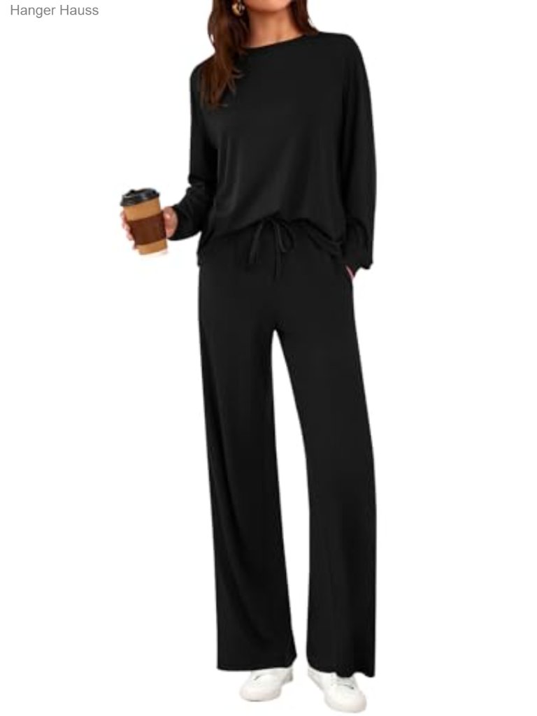 2 Piece Lounge Set Crewneck Long Sleeve Wide Leg Drawstring Pants Tracksuit